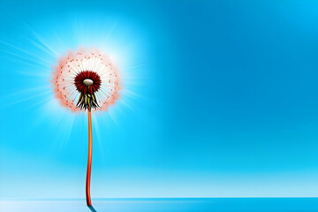 Dandelion with pink seeds stands tall against a vibrant blue sky background, radiating light.