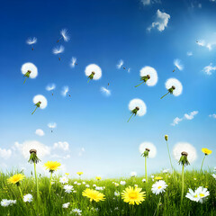 Dandelion Seeds Float Across a Sunny Blue Sky Above a Field of Wildflowers