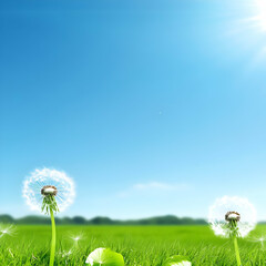 Dandelions Stand Tall in a Lush Green Field Under a Vibrant Blue Sky on a Sunny Day