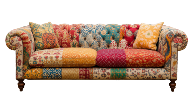Colorful patchwork sofa with vintage patterns adds vibrant flair to your living room decor, offering both style and comfort.