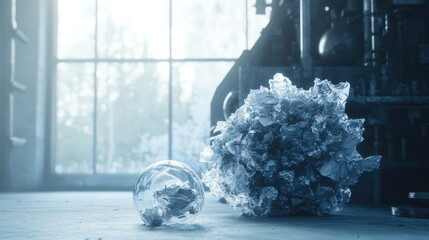 A glass sphere and crumpled material on a floor, illuminated by soft light through a window.