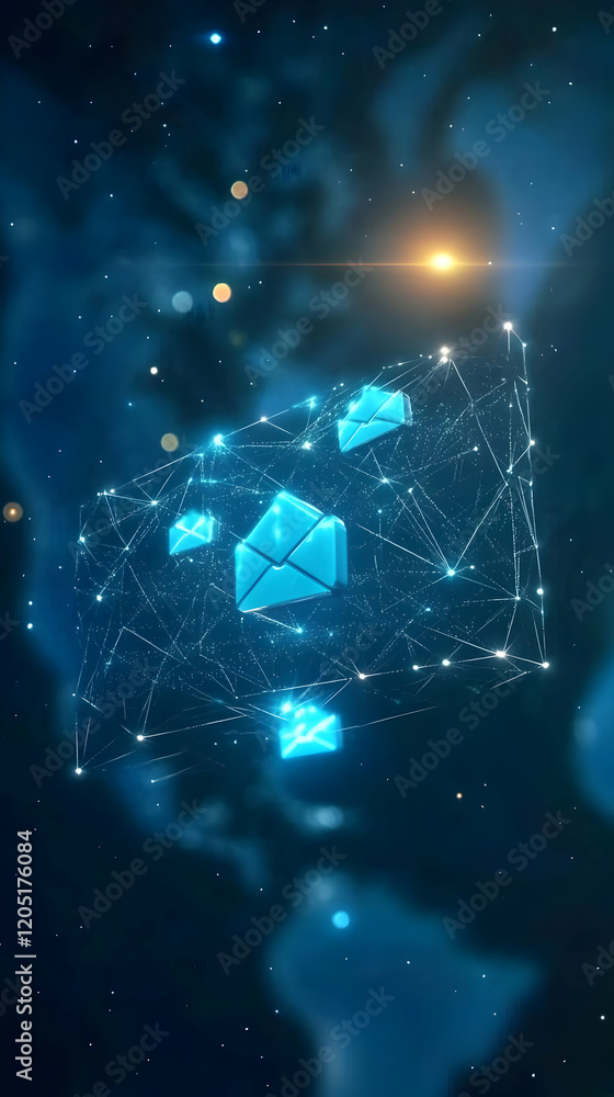 Poster Glowing Email Icons Connected by Lines and Dots Form an Abstract Shape in a Dark Blue Space Background