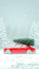 Red Car Carries Christmas Tree Through Snowy Landscape on a Winter Day