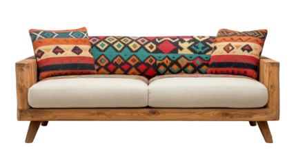 Stylish rustic sofa with colorful geometric cushions, offering a cozy and trendy addition to any modern living room decor.