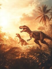 Two dinosaurs running through a lush prehistoric landscape at sunset.