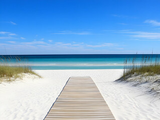Naklejka premium Wooden Boardwalk Leads to Tranquil Beach with White Sand and Clear Turquoise Water Under a Bright Blue Sky.