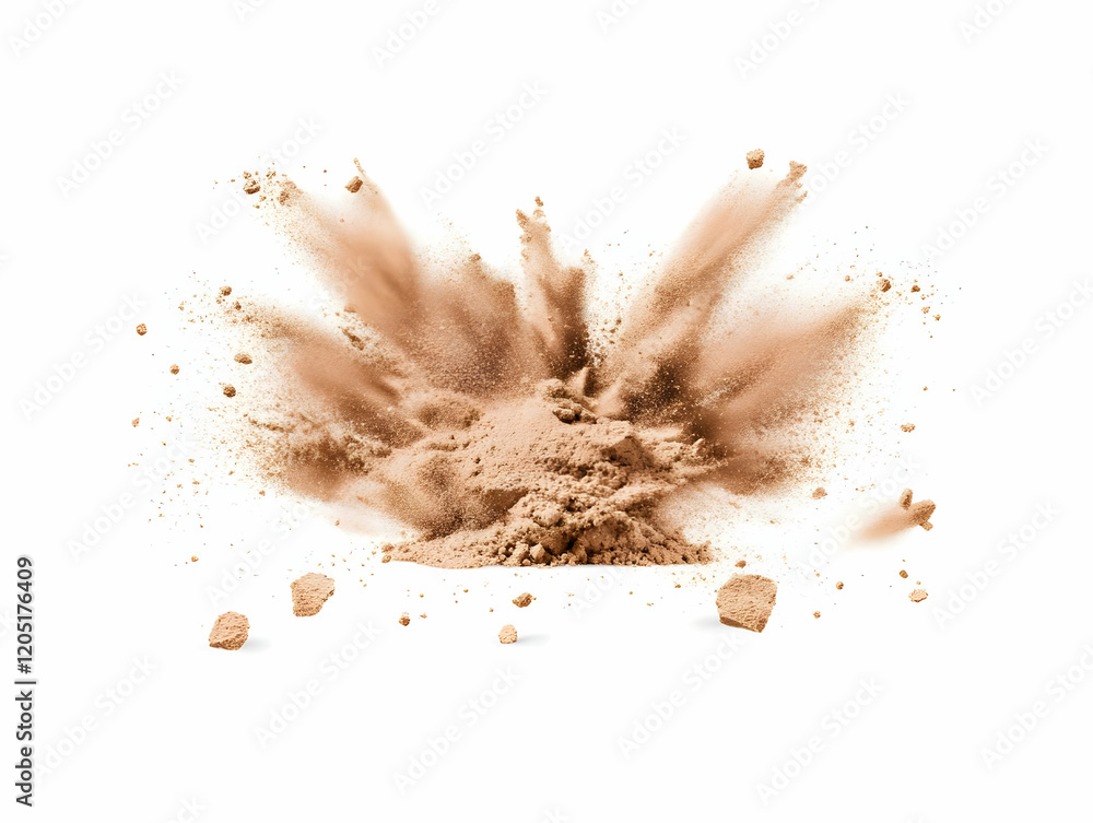 Poster brown powder explodes creating a dynamic cloud formation on white background
