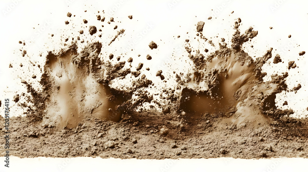 Poster mud splashes explode upwards from the ground dramatically against a white background