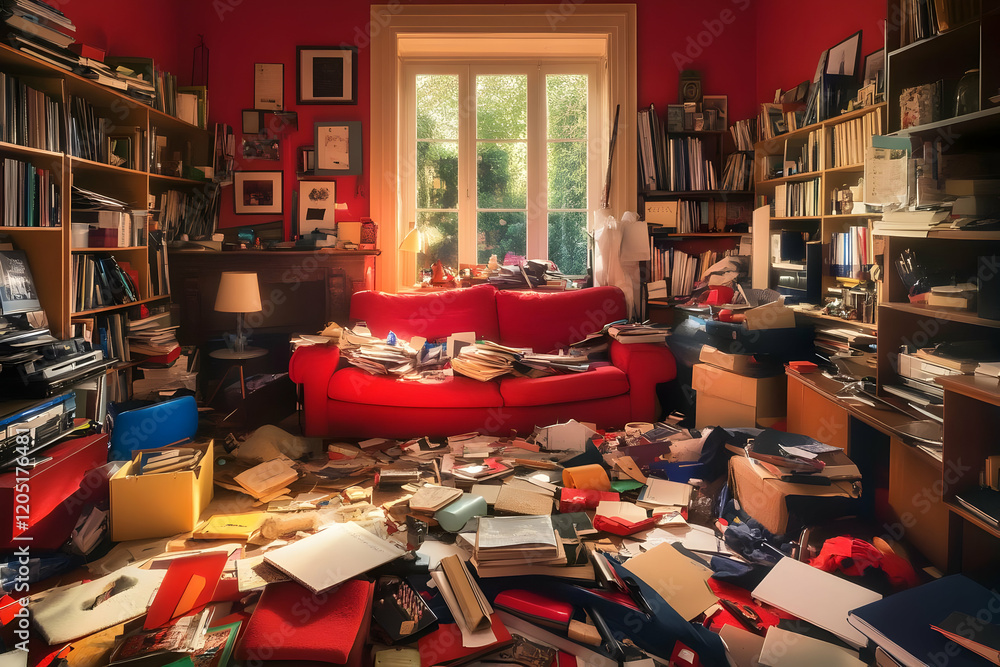 Poster cluttered home office with red sofa and bookshelves overflowing with papers and files in disarray