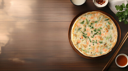 Korean Seafood Pancake Haemul Pajeon with Dipping Sauce on Rustic Wooden Tableware