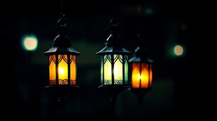 Illuminated Hanging Lanterns in Dark Night Setting