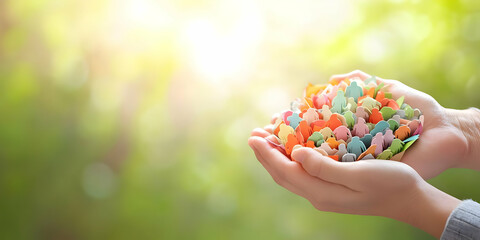 Hands Holding a Group of Colorful Paper People on a Blurred Green Background with Sunlight