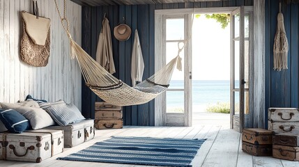 A laid-back beach-style living room with nautical stripes