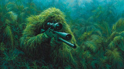 Camouflaged Sniper in Lush Jungle
