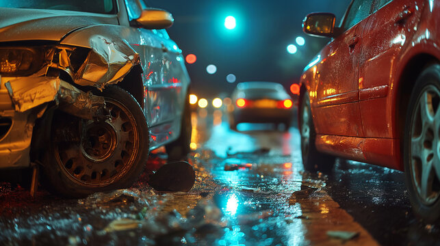 accident scene advertising photographs showing collided cars capture the intensity and drama of vehicle accidents, suitable for high-impact safety campaigns or auto insurance promotions.
