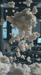 A cloud of fluffy material suspended in a laboratory setting, suggesting experimentation.