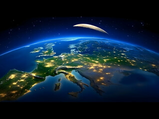 Europe at Night Seen from Space with Crescent Moon and Stars Beautifully Illuminates the Land and Sea