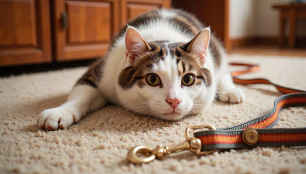 Domestic cat lounging on carpet with a leash, Pet Day