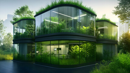 Fototapeta premium Modern Glass Office Buildings Integrate Nature Seamlessly with Lush Greenery