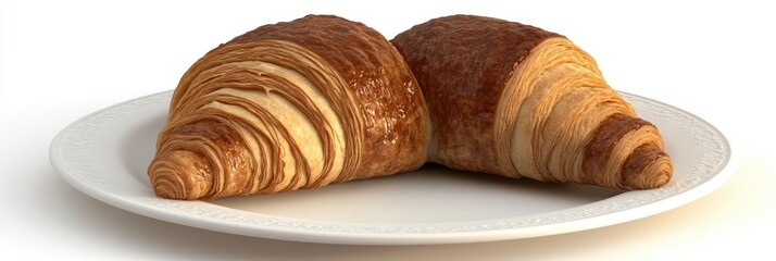 Two golden-brown croissants on a white plate, showcasing flaky layers and appetizing texture.