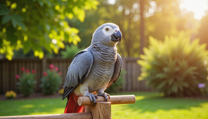 Obraz premium Grey parrot perched on branch in sunny garden, Pet Day