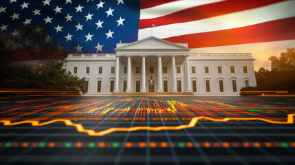 White House with American flag backdrop over stock market graph, symbolizing economic trends and political influence in the USA.