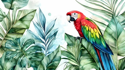 Colorful Macaw Perched on Lush Tropical Foliage with Watercolor Effect.
