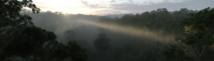 A serene forest landscape with sunlight filtering through trees in a misty atmosphere.