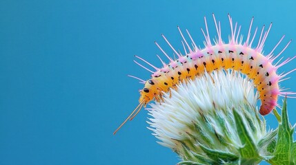 Pink caterpillar on white flower, blue background; nature macro
