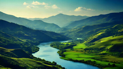 Serene River Winds Through Lush Green Valley and Majestic Mountains under a Clear Sky Peacefully