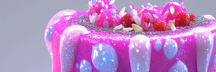 A vibrant pink cake adorned with strawberries, glitter, and decorative elements.