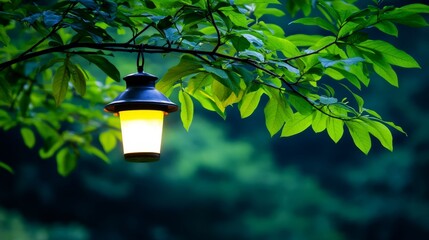 Illuminated Lantern Hanging Among Lush Green Leaves at Dusk