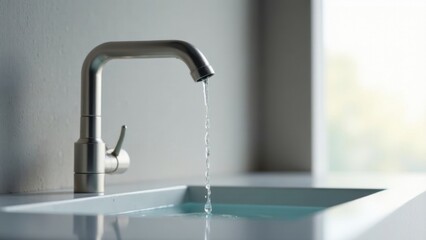 Modern minimalist faucet with a steady stream of water flowing into a sleek basin, creating a tranquil and clean aesthetic.