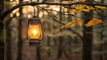 Illuminated Lantern Hanging in Autumn Forest at Dawn