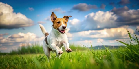 Active Jack Russell Terrier running in a green meadow with white clouds , freedom, animal behavior,  freedom