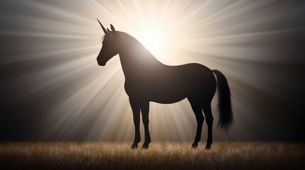 Magical unicorn silhouette at sunrise, enchanting fantasy landscape, mythical creature symbolism, capturing imagination and wonder, mystical scene.