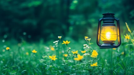 Illuminated Lantern in a Field of Yellow Flowers at Dusk