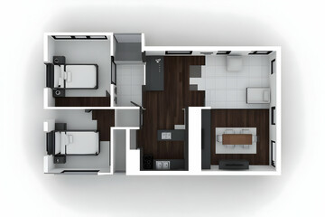 3D Floor Plan Shows Modern Apartment Layout with Two Bedrooms, Kitchen, and Living Area