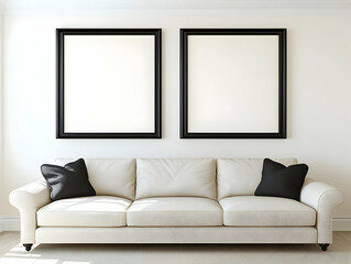 Two Blank Picture Frames Hang Above a White Sofa with Black Pillows in a Modern Living Room