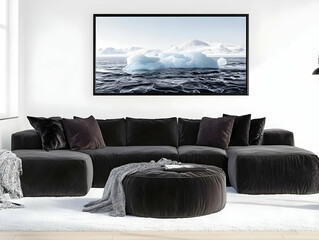 Modern living room showcases a black sectional sofa, white rug, and captivating iceberg artwork gracefully.