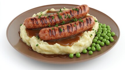 A plate of sausages on mashed potatoes with gravy and peas, showcasing a hearty meal.