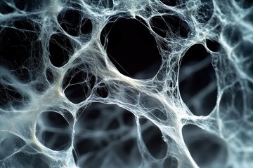 Detailed view of a spider's silk threads under a microscope, showing their strength and complexity.