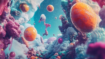 Abstract Cosmic Landscape with Floating Spheres and Cloud Formations