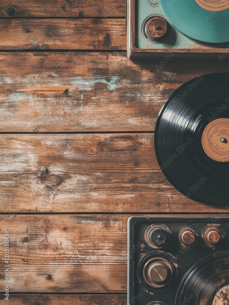 Poster vinyl records on wooden table surface creating a nostalgic atmosphere of music and relaxation. gener
