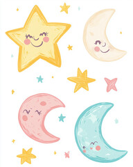 A set of four cartoonish, smiling, colorful, and cute celestial objects