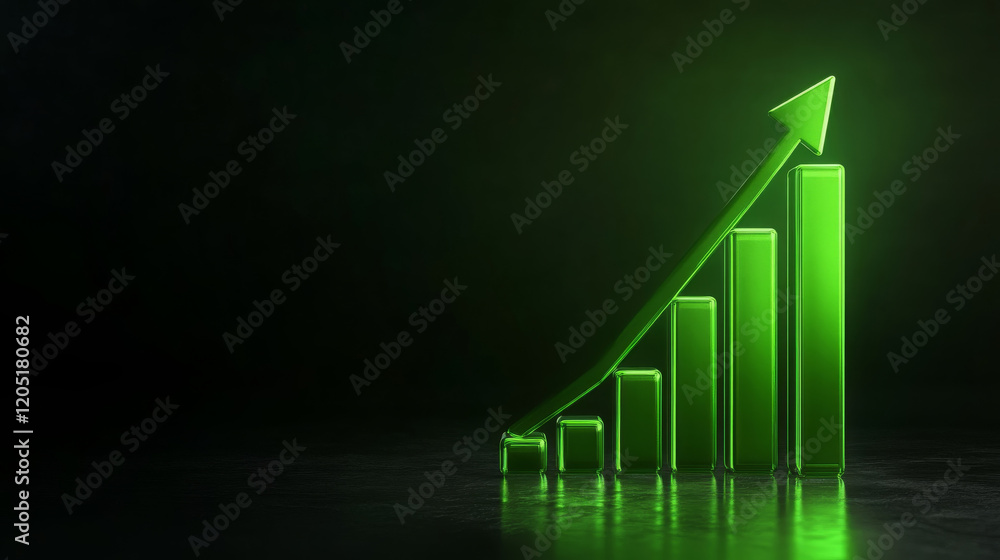 Poster futuristic green 3d bar chart with upward arrow symbolizes growth and success. sleek design and vibr