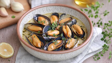 A bowl of mussels served in a creamy sauce with herbs and lemon.