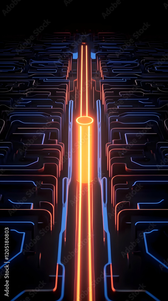 Poster 3d render of an abstract circuit board with glowing neon lines in the center.
