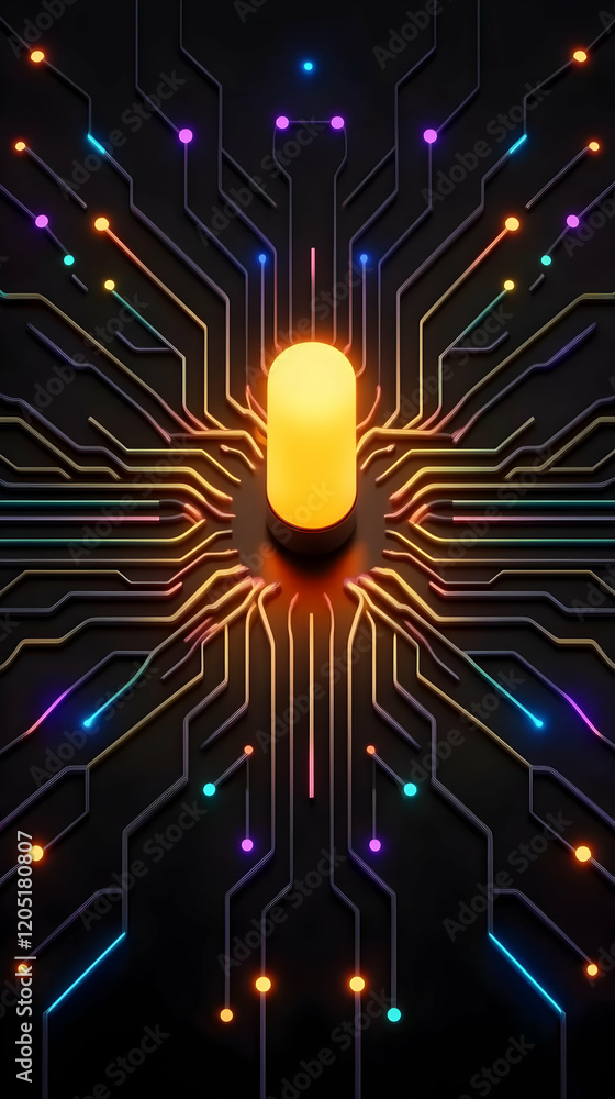 Poster glowing cylinder illuminates futuristic circuitry on dark background in abstract 3d render