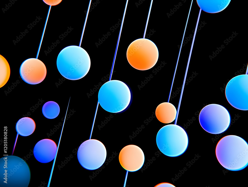 Poster 3d render of colorful spheres hanging on strings against a black background with light trails